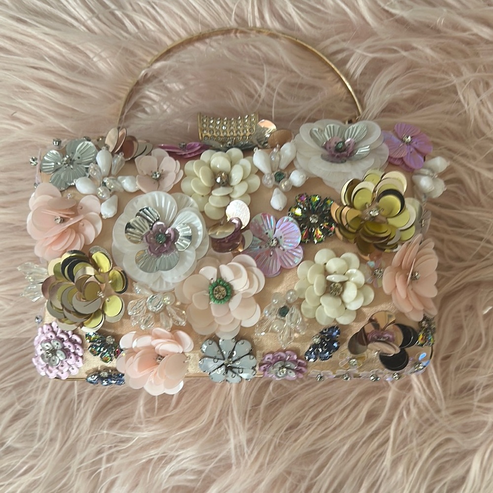 NEW- Beaded Floral Clutch with Gold Accents